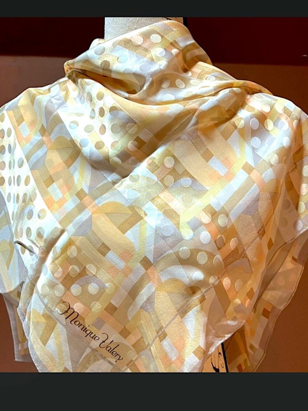 Vintage Monique Valery Silk Chiffon Scarf 34" Art Deco Geometric Lurex Japan